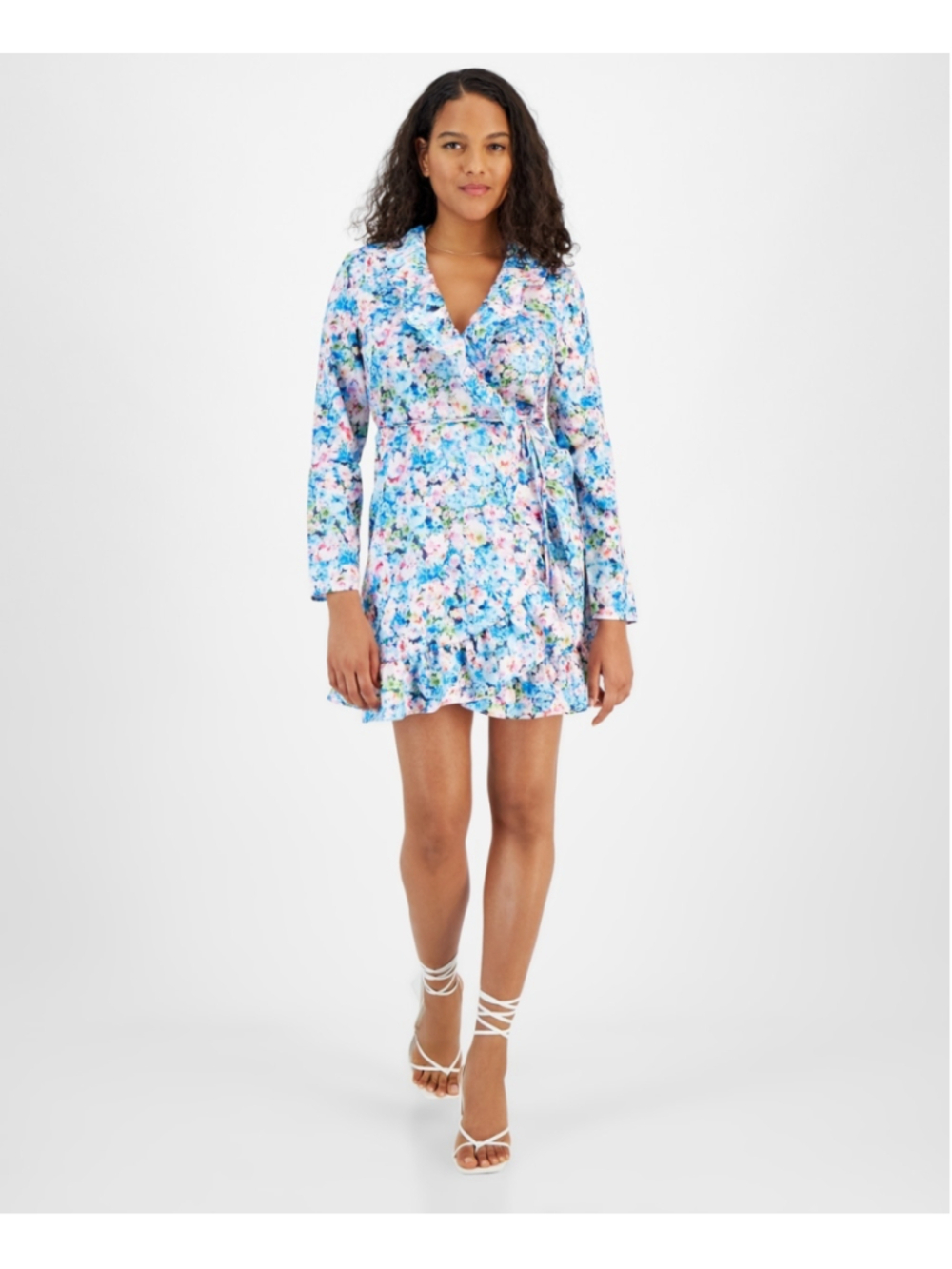 Bar III Large Petite Blue Floral Ruffled V-Neck Long-Sleeve Wrap Dress NWT